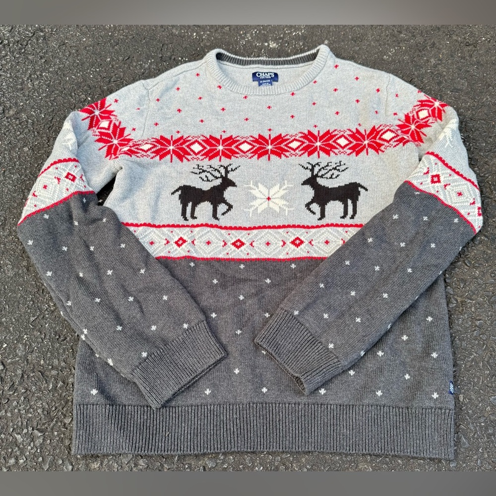 Chaps Crewneck Family Ugly Holiday Christmas Sweater Grey, Kids Size XL